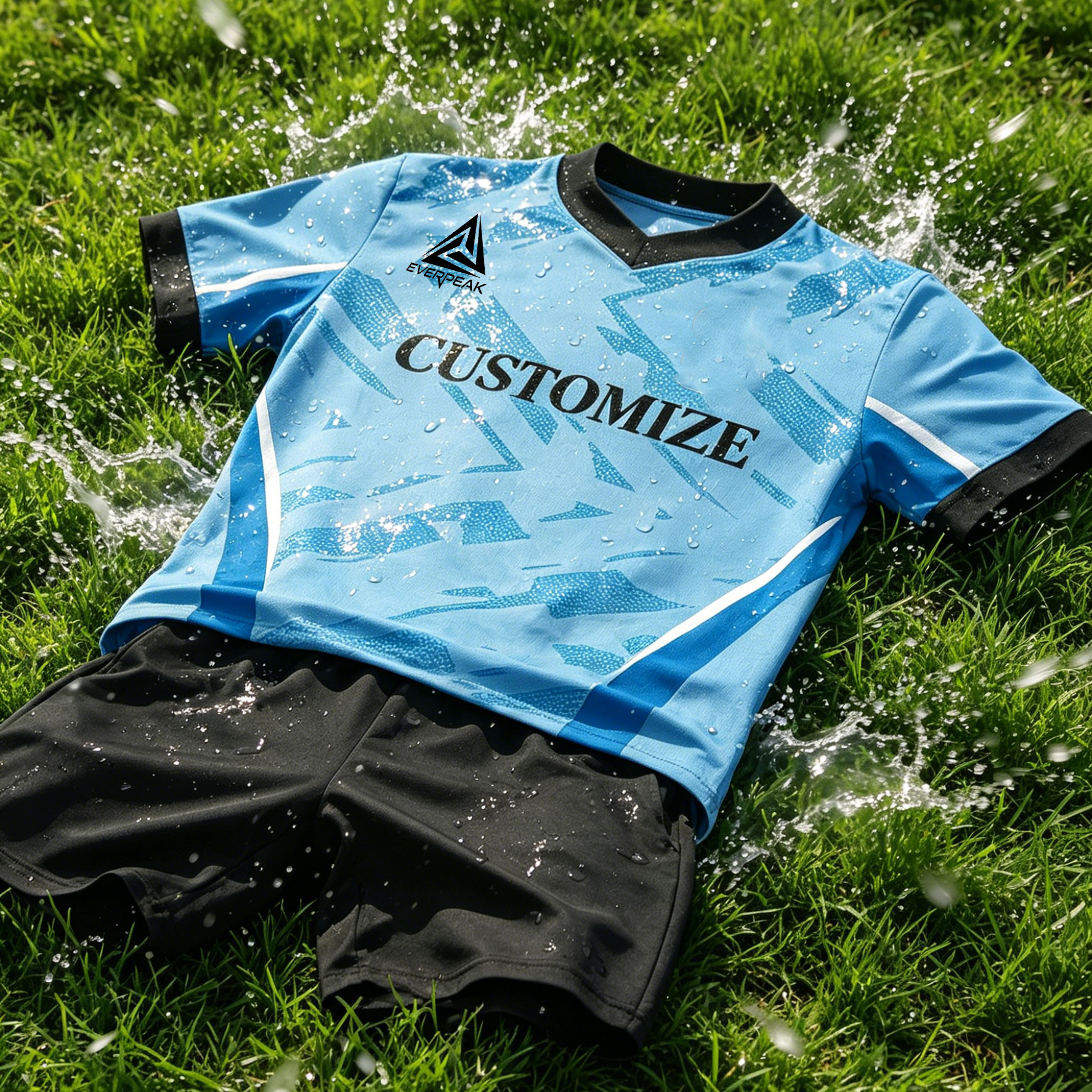 Custom Soccer Jersey Set Men V-Neck with Black Trim Football Uniform with Shorts Breathable Fabric Customizable Team Name Number Logo for Matches - view 5