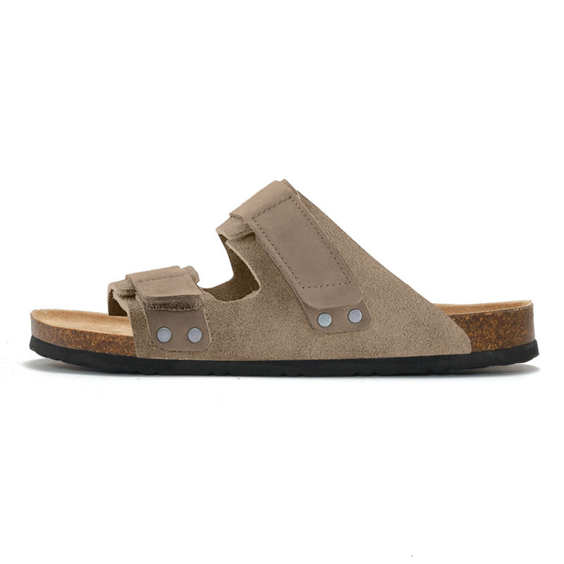 RUIZUSTOCK Men Fashion Khaki Suede Slide Sandals Adjustable Double Strap Cork Footbed Flat Slippers - view 6