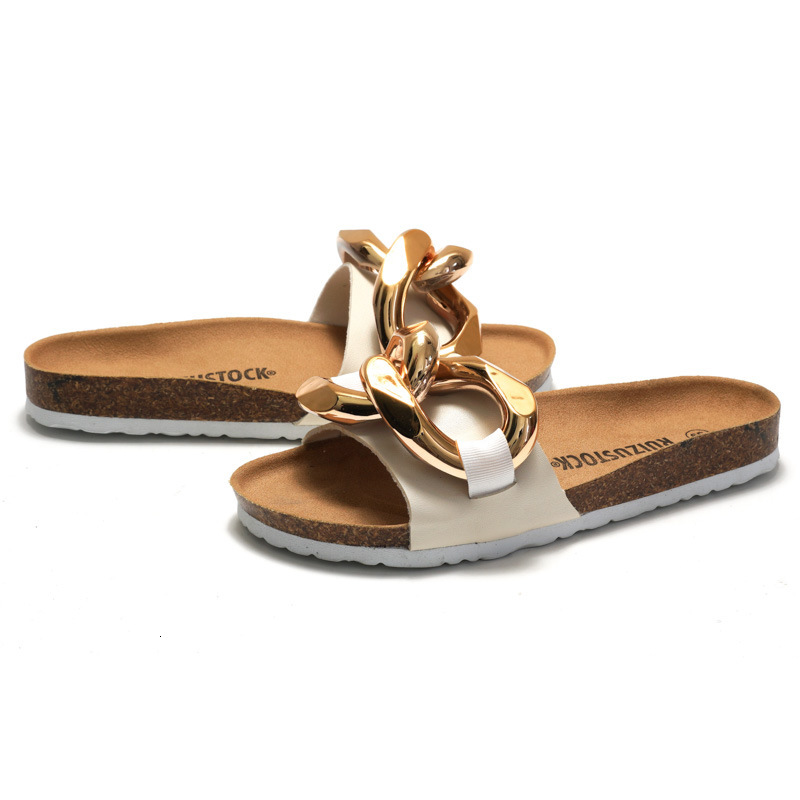 RUIZUSTOCK Women Fashion Gold Chain Fashion Gifts Slide Sandals PU Leather Cork Footbed Flat Slippers For Summer - view 5