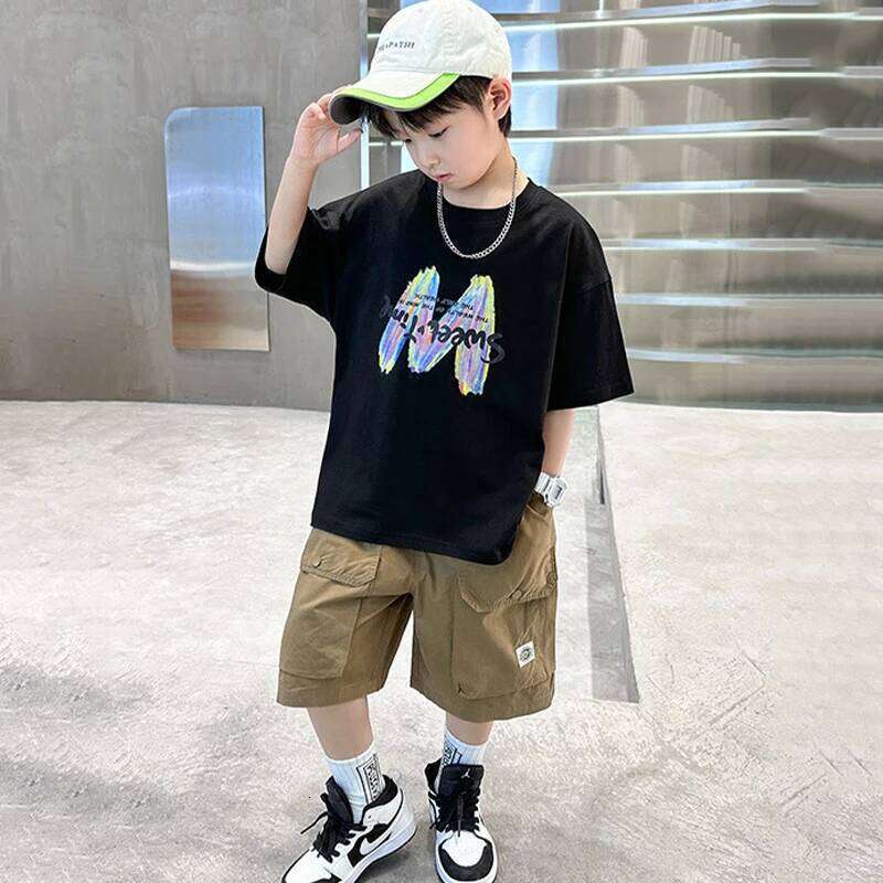 Summer Boys Clothing Set Fashion Short Sleeve Letter T-shirt Shorts 2Pcs For 4-12 Years Kids Tracksuits Teenager Casual Outfits 26Y0521