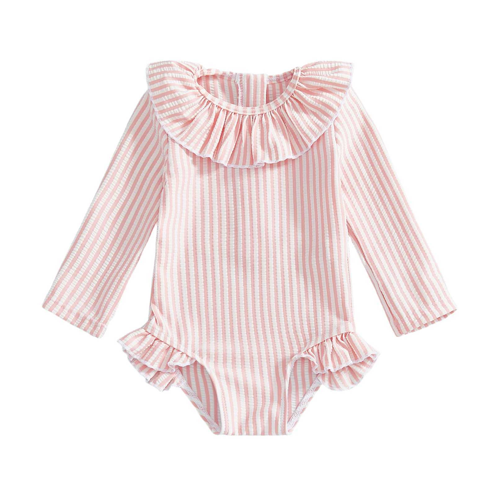 Toddler Girl Rash Guard Swimsuit Long Sleeve Ruffled Collar Striped Swimwear for Beach PoolT260522