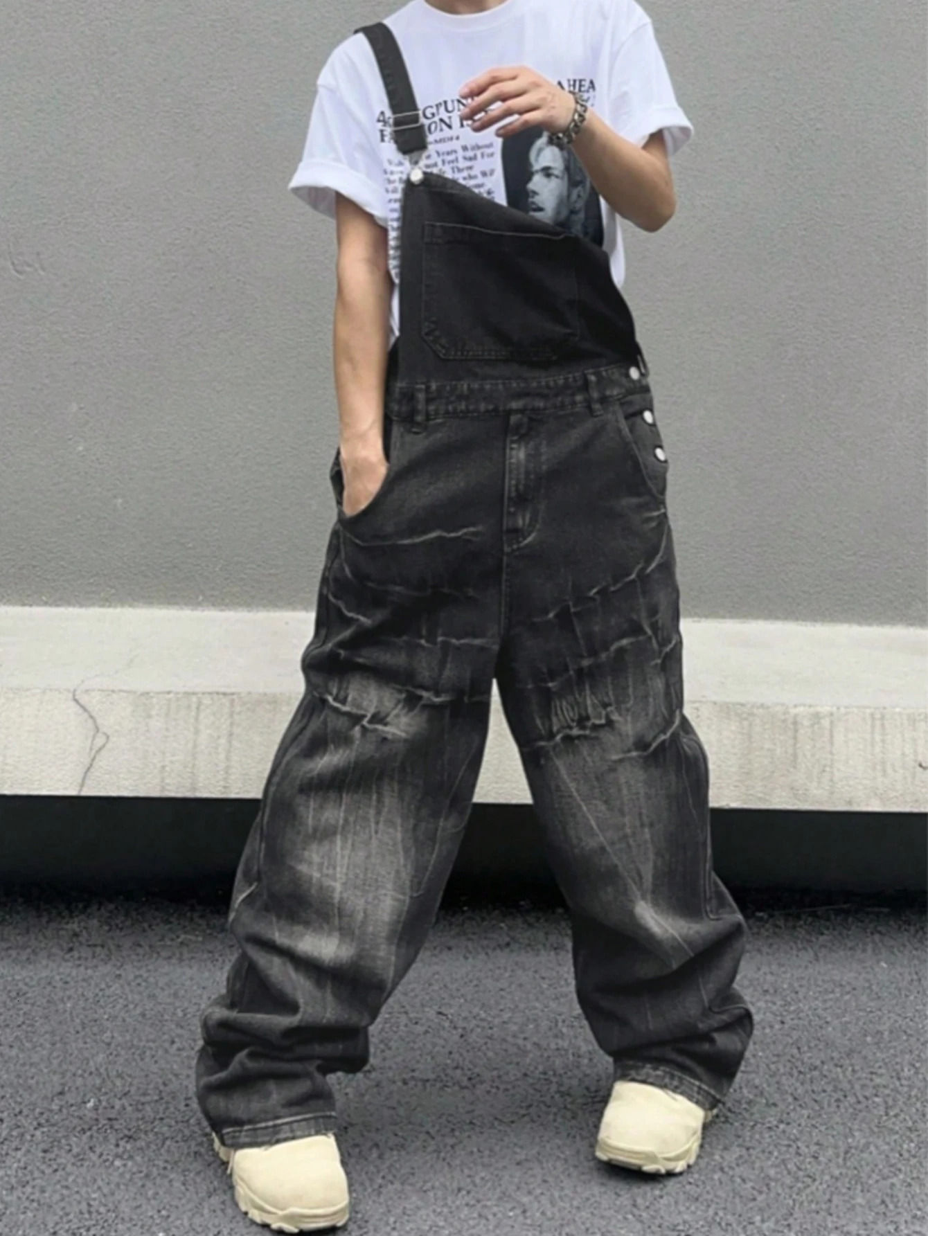 Mens denim overalls trendy streetwear casual loose-fit slimming jumpsuit lightning-pattern washed denim pants 260521 - view 4
