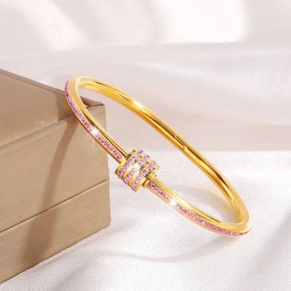 ZAKOL New Buling Pink Crystal Zirconia Stainless Steel Bracelet for Women Versatile Stackable Jewelry Waterproof Bangle Gift H260522