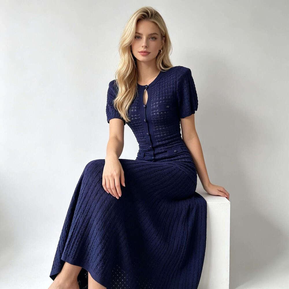 Retro Vibe Navy Crochet Knit Dress, Short Sleeve Button Front Fitted Dress, Sophisticated Feminine Style Square Neck Retro
