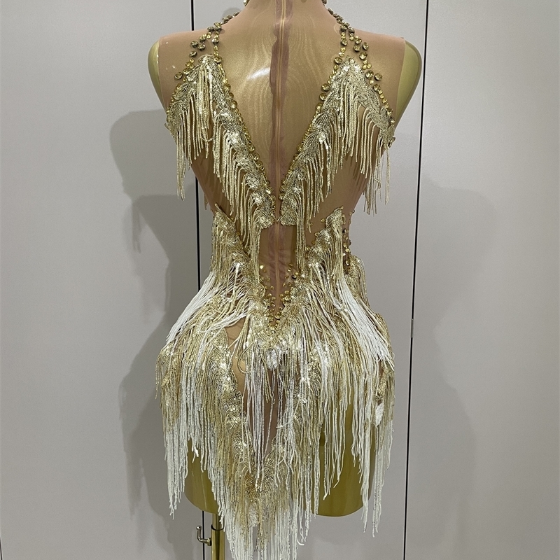 Stock 2025 Women Sexy Stretch Mesh Sparkly Rhinestone Tassels Mini Dress Nightclub Singer Dance Stage Costume Evening Gowns 260521 - view 4