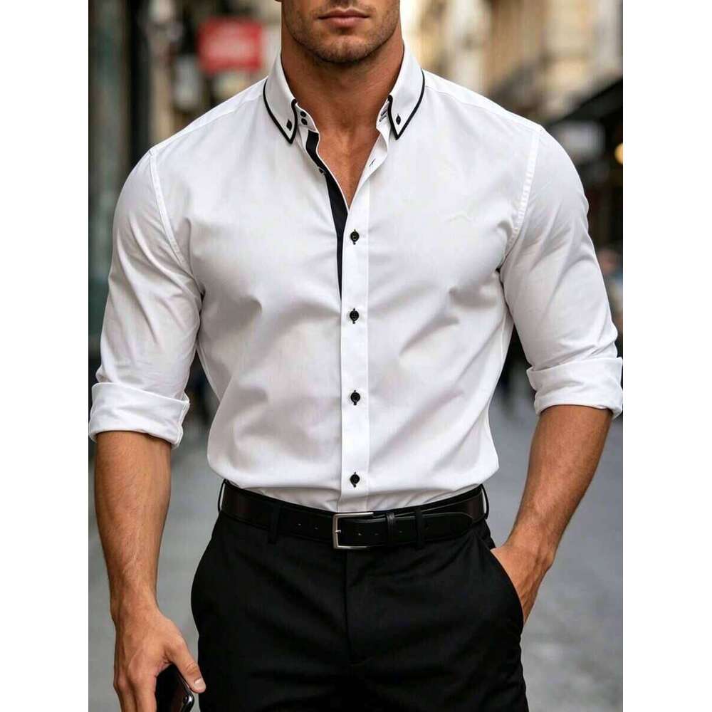 Manfinity Bizformal Men's Solid Collar & Placket Contrast Color Casual Business Long Sleeve Shirt 6c72 - view 5