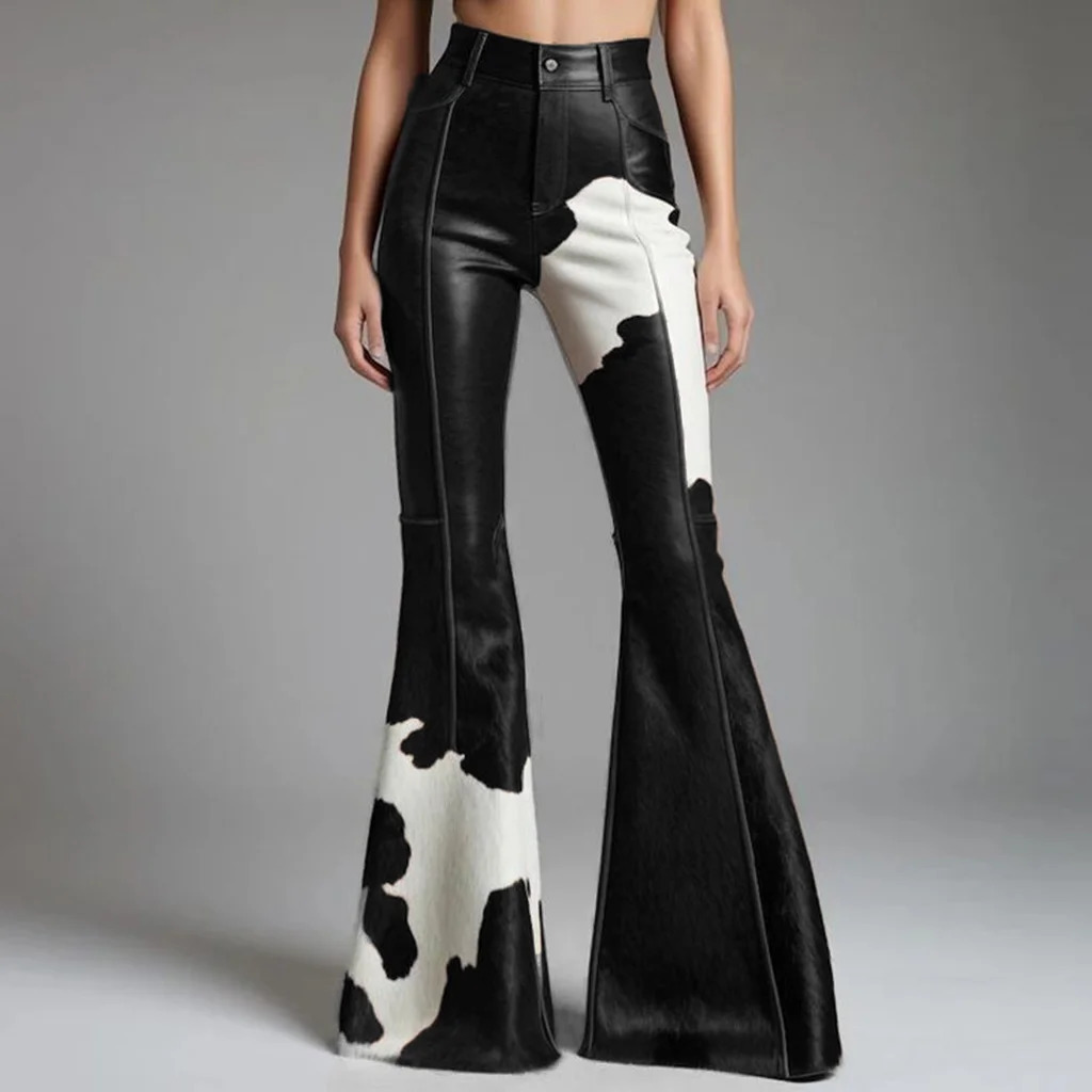 Womens Cow Pattern Leather PU Flare Pant High Waist Slim Faux Trousers Street Fashion Casual s 2025 260521BANJIA - view 4