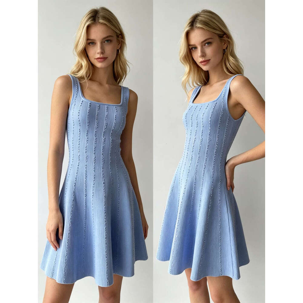 French Style Light Blue Ribbed Knit Tank Dress Women Square Neck Sleeveless A-Line Flared Skirt Short Casual Dresses for Daily Wear & Beach Square Nec