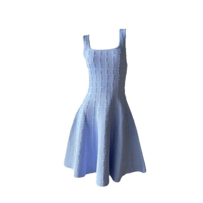 French Style Light Blue Ribbed Knit Tank Dress Women Square Neck Sleeveless A-Line Flared Skirt Short Casual Dresses for Daily Wear & Beach Square Nec