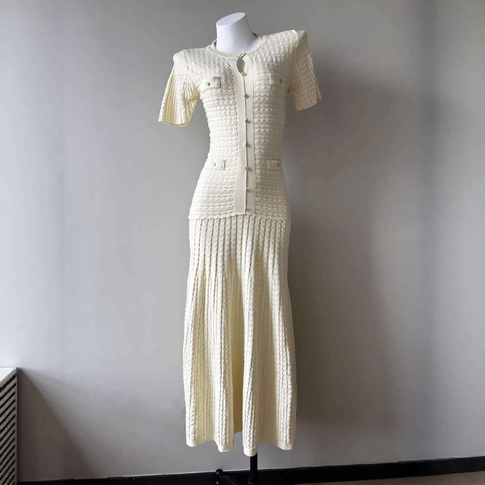 Retro Vibe Navy Crochet Knit Dress, Short Sleeve Button Front Fitted Dress, Sophisticated Feminine Style Square Neck Retro