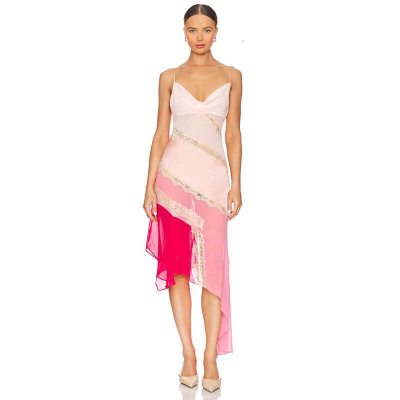 Spring Summer Pink Patchwork V Neck Slim Mid Length Camisole French Resort Style Casual Women Daily Dress MAKOUFEI