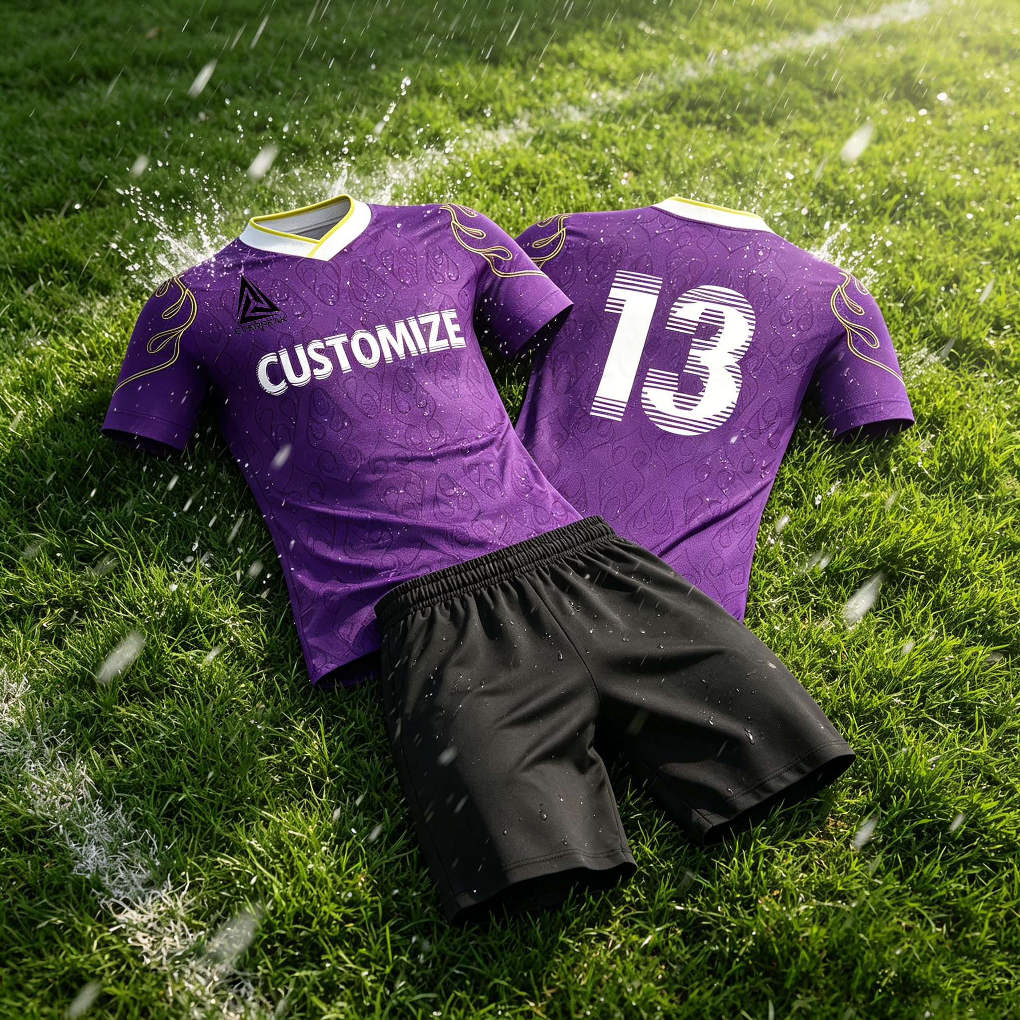 Custom Soccer Jersey Set Men Purple with Flame Print Football Uniform with Shorts Personalized Name Number Breathable Quick Dry Kit - view 3