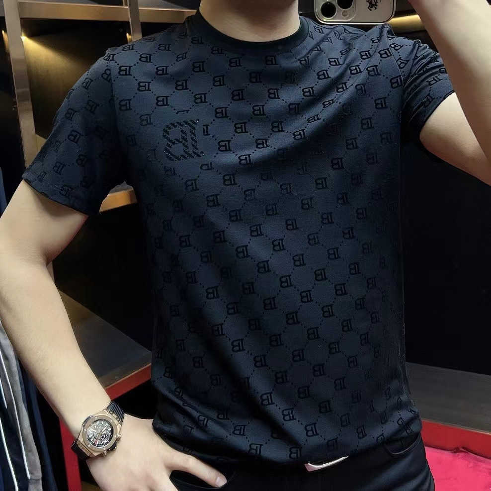Spring/Summer Mens Printed Rhinestone T-Shirt European Fashion High Elasticity Round Neck Letter IB Design Slim Fit Short Sleeve Base Layer