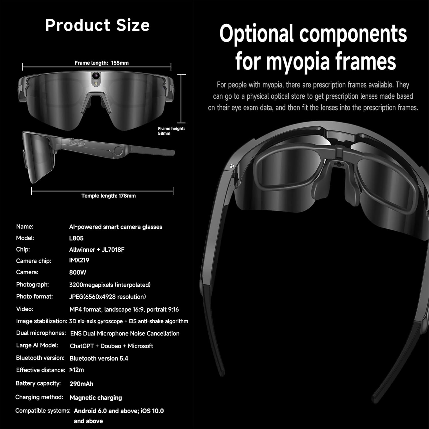 AI Glasses with HD 8MP Camera,Smart Glasses with 290 mAh,4K Video Camera Sunglasses with Smart Translation
