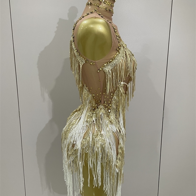 Stock 2025 Women Sexy Stretch Mesh Sparkly Rhinestone Tassels Mini Dress Nightclub Singer Dance Stage Costume Evening Gowns 260521 - view 5