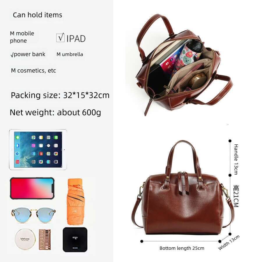 Korean Style Large Capacity Niche Versatile Handbag For Women Top Layer Vegetable Tanned Leather High End Bowling Boston Bag SENYY