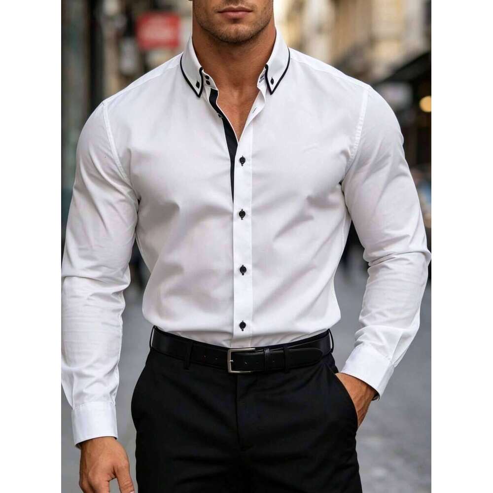 Manfinity Bizformal Men's Solid Collar & Placket Contrast Color Casual Business Long Sleeve Shirt 6c72 - view 6