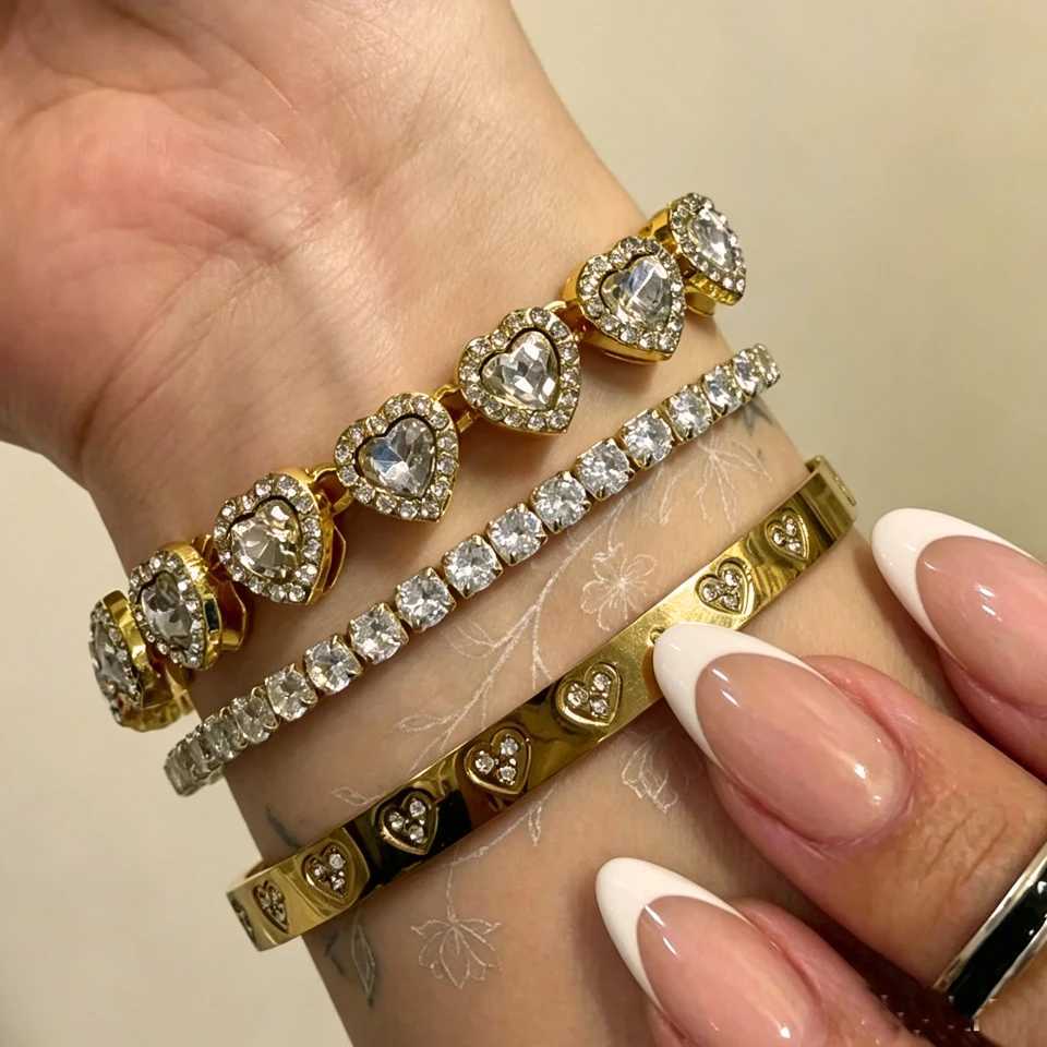 Yupsk 1/3pcs Gold Color Buling CZ Rhinestone Heart Tennis Bracelets for Women Trendy Versatile Stackable Jewelry H260522