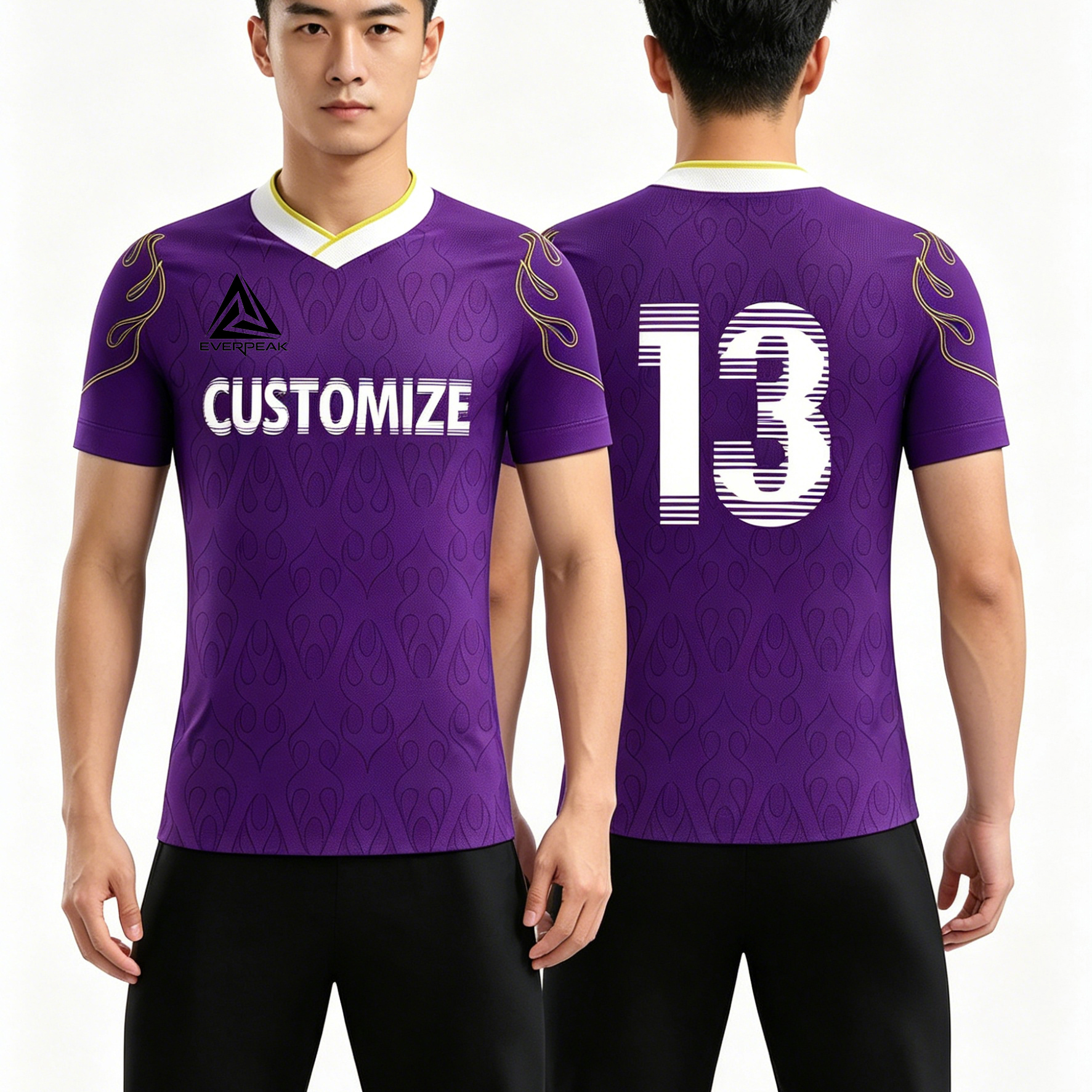 Custom Soccer Jersey Set Men Purple with Flame Print Football Uniform with Shorts Personalized Name Number Breathable Quick Dry Kit - view 5