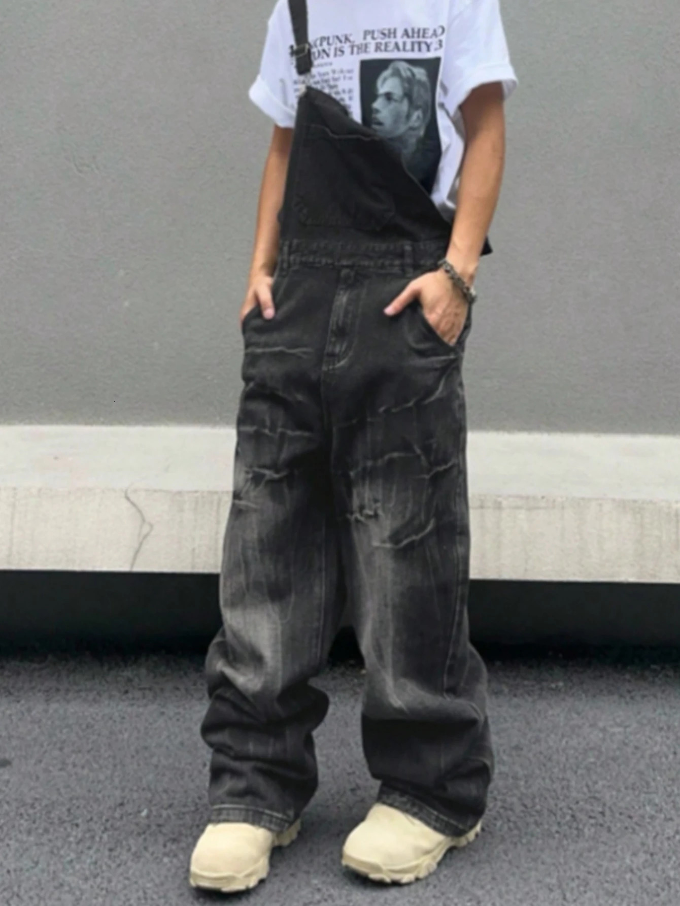 Mens denim overalls trendy streetwear casual loose-fit slimming jumpsuit lightning-pattern washed denim pants 260521 - view 6