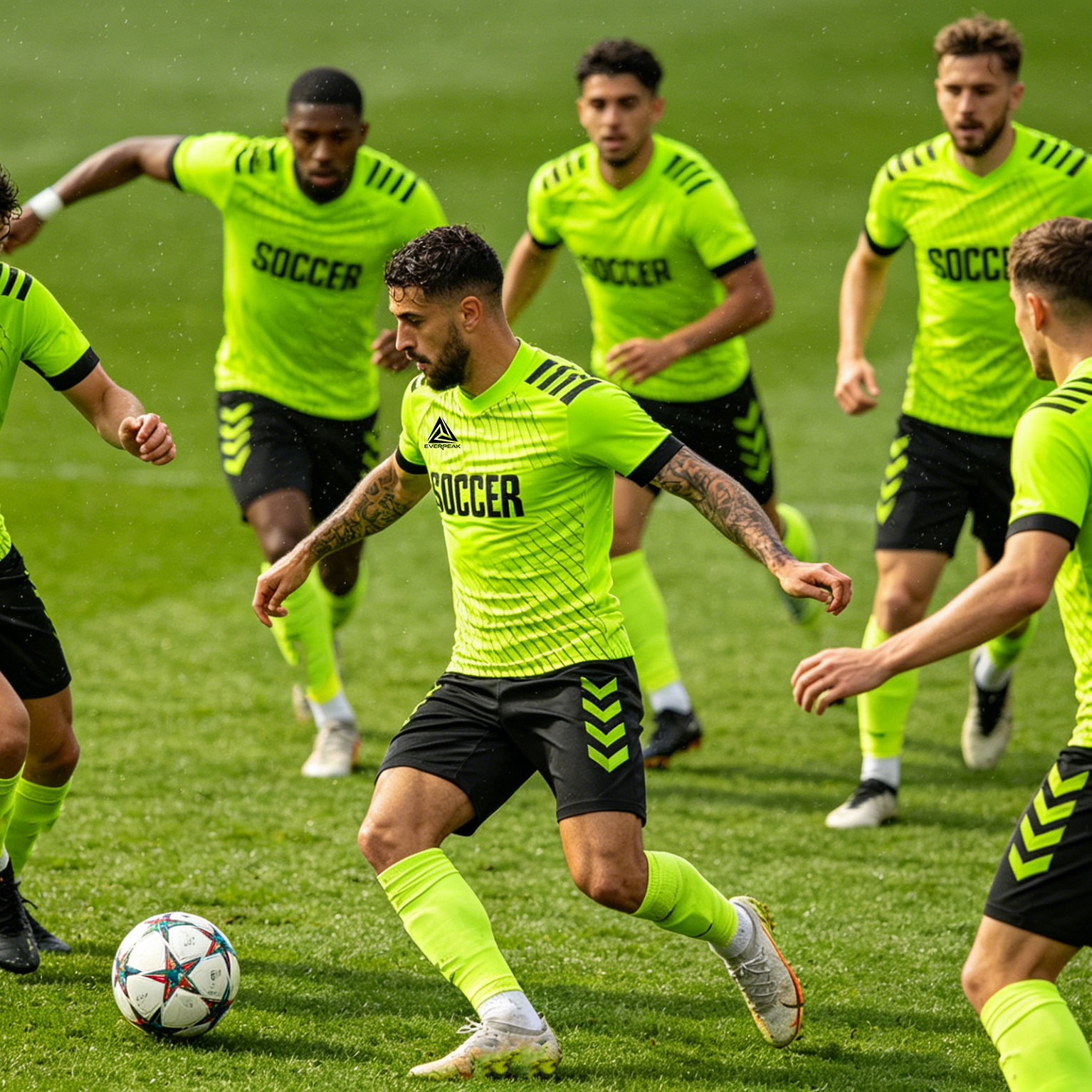 Custom Soccer Jersey Set Men Neon Green Diagonal Football Uniform with Shorts Personalized Name Number Breathable Quick Dry Kit - view 4