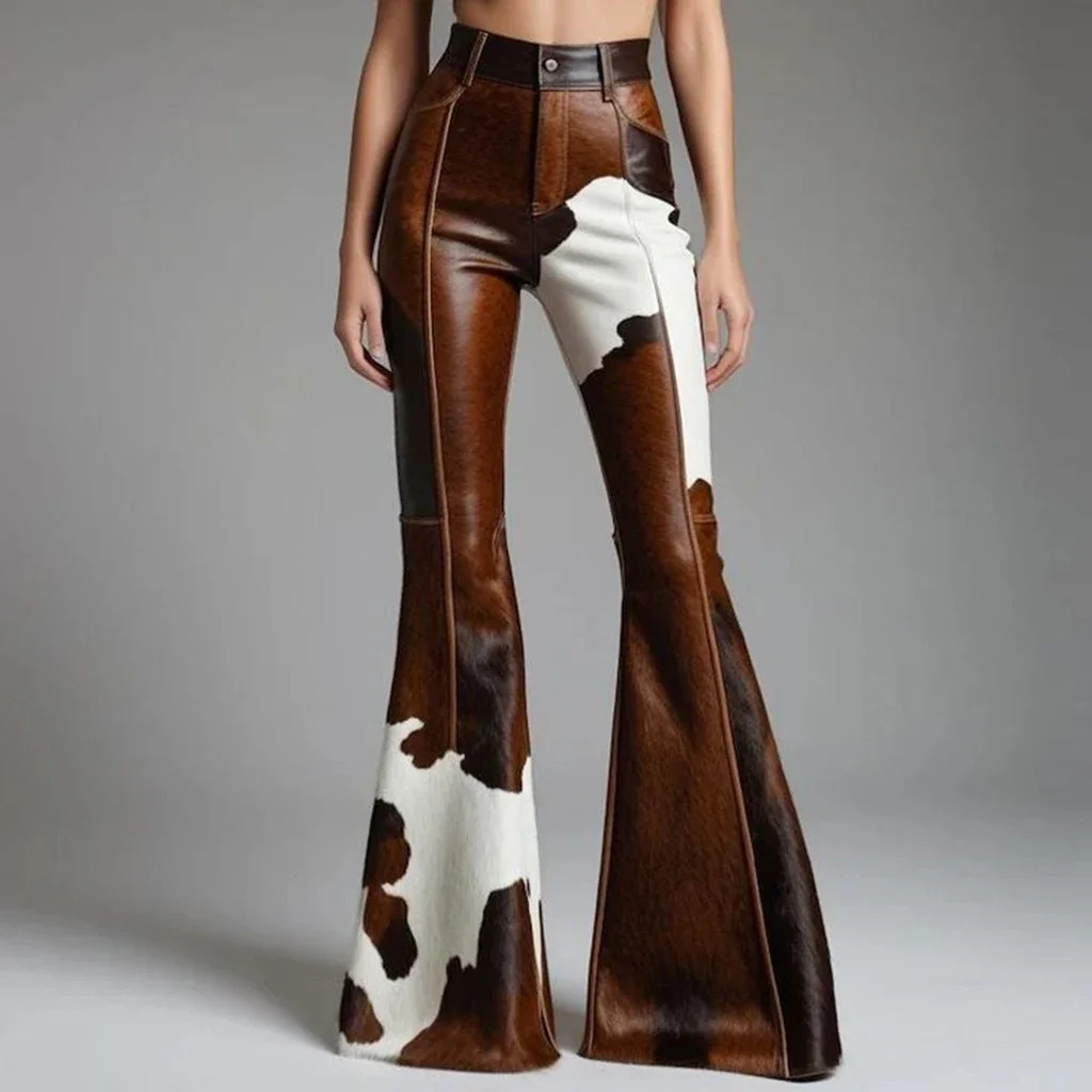Womens Cow Pattern Leather PU Flare Pant High Waist Slim Faux Trousers Street Fashion Casual s 2025 260521BANJIA
