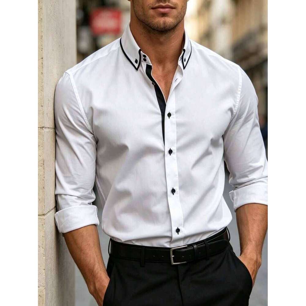 Manfinity Bizformal Men's Solid Collar & Placket Contrast Color Casual Business Long Sleeve Shirt 6c72 - view 4