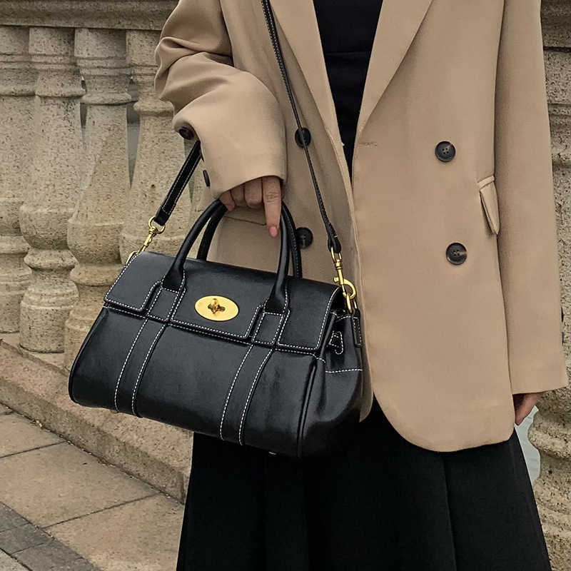 New trendy soft leather tote bag with oil-wax finish for comfortable commuting, large capacity, hand-held, single shoulder strap, crossbody design H26