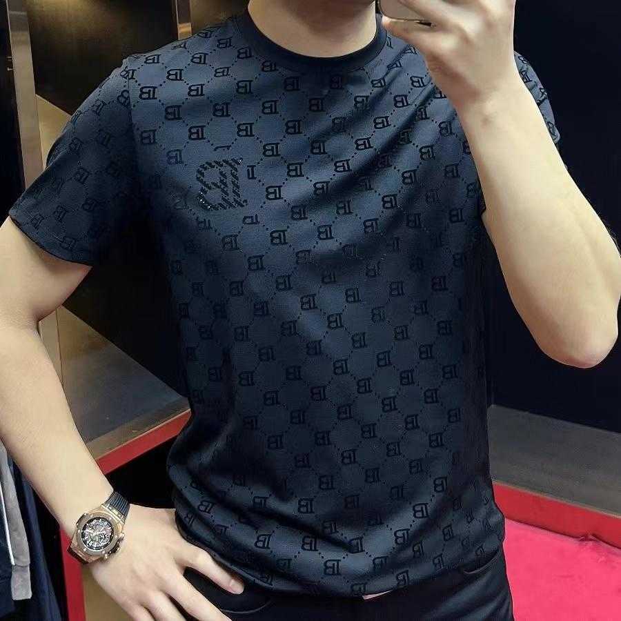 Spring/Summer Mens Printed Rhinestone T-Shirt European Fashion High Elasticity Round Neck Letter IB Design Slim Fit Short Sleeve Base Layer