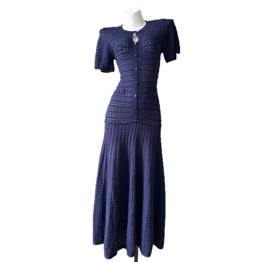 Retro Vibe Navy Crochet Knit Dress, Short Sleeve Button Front Fitted Dress, Sophisticated Feminine Style Square Neck Retro