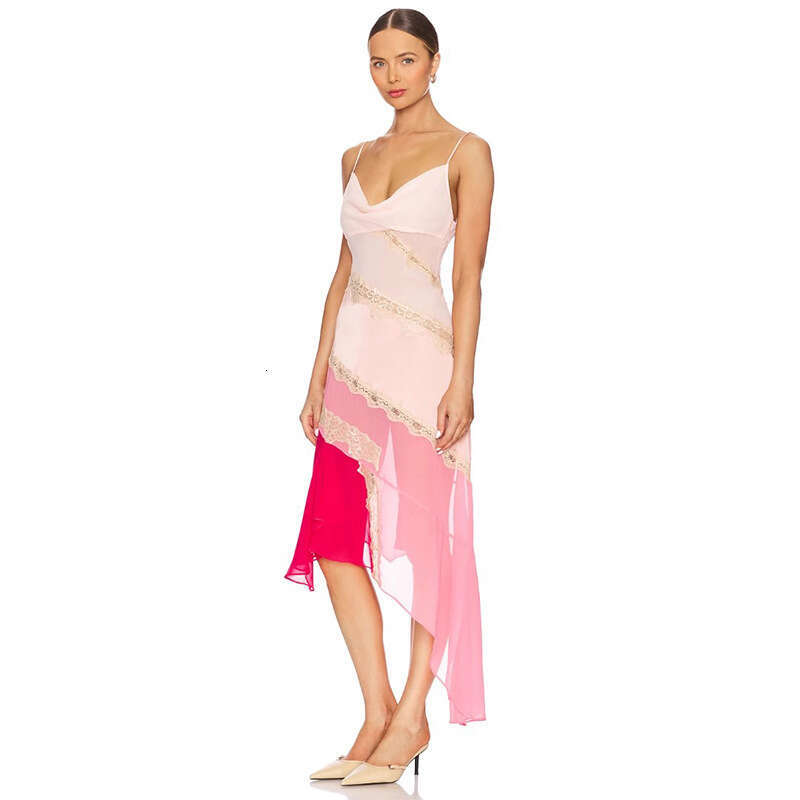 Spring Summer Pink Patchwork V Neck Slim Mid Length Camisole French Resort Style Casual Women Daily Dress MAKOUFEI