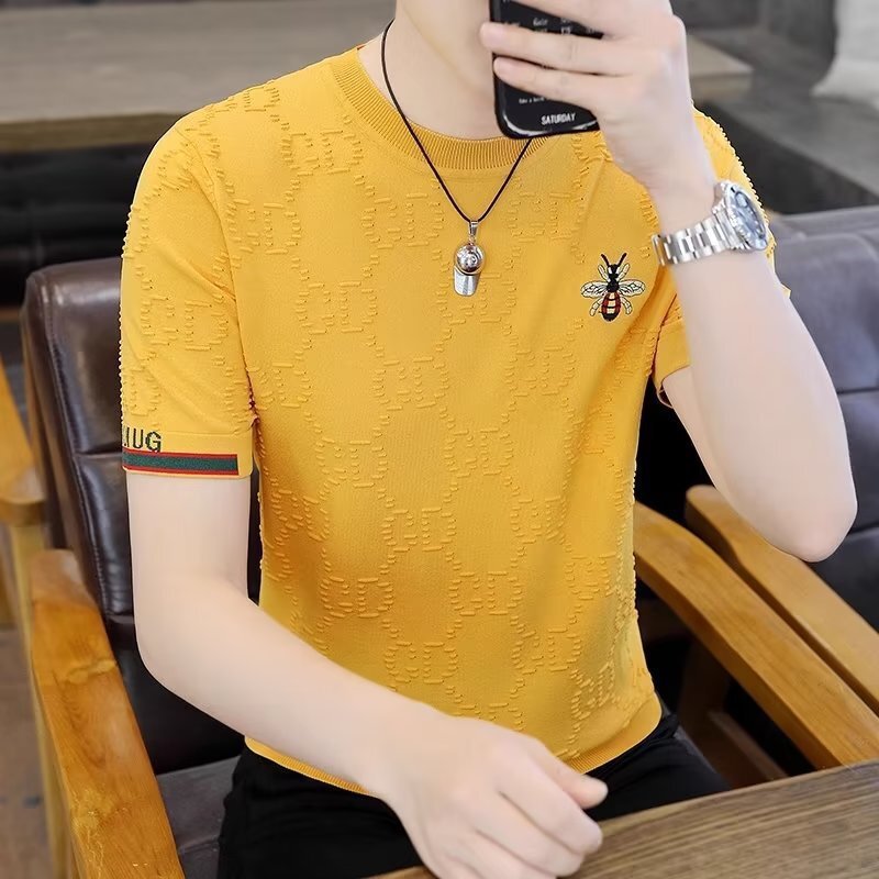 Summer thin ice silk short-sleeve t-shirt for men, trendy brand 3D embroidered knitted half-sleeve summer top, men's wholesale - view 3