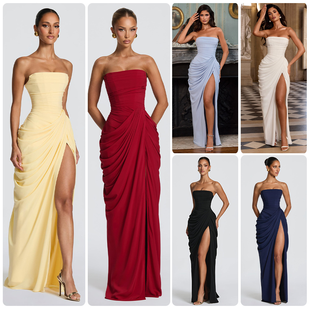 Casual Dresses FL Women Sexy Solid Pleated Strapless Dress Lady Chic Off-shoulder Backless High Waist Split 2026 Evening Party Gown