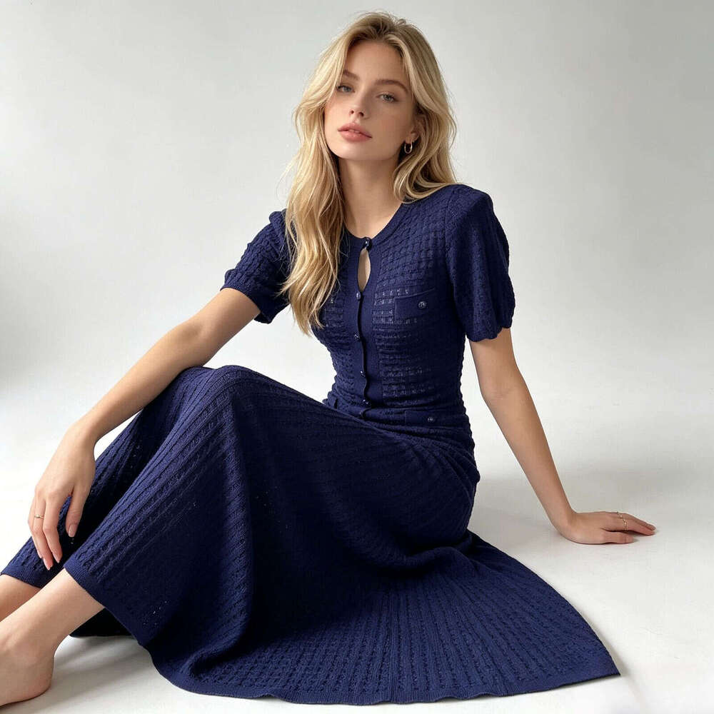 Retro Vibe Navy Crochet Knit Dress, Short Sleeve Button Front Fitted Dress, Sophisticated Feminine Style Square Neck Retro