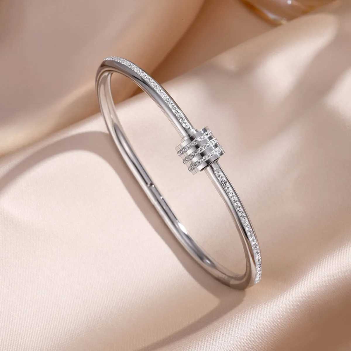 Yupsk 5Pcs/set Silver Color Titanium Steel Bracelet for Couples Shiny Zircon Inlaid Stainless Steel Bangles Female Jewelry Gift H260522 - view 4