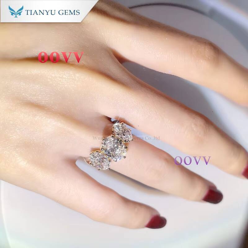 Tianyu Gems Yellow Gold Oval Cut Moissanite Three Stones Engagement Ring