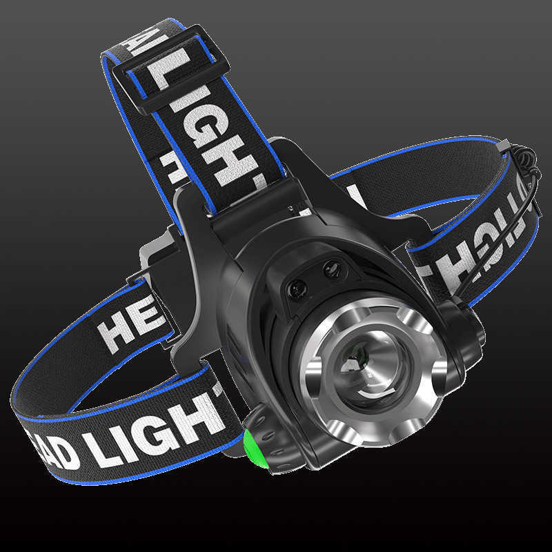 Strong light sensor headlamp with USB charging function. Portable miner's lamp. Outdoor LED headlamp for night fishing. Long battery life. Extrem