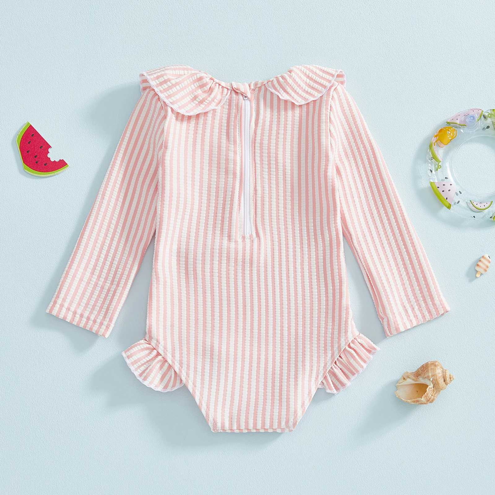 Toddler Girl Rash Guard Swimsuit Long Sleeve Ruffled Collar Striped Swimwear for Beach PoolT260522