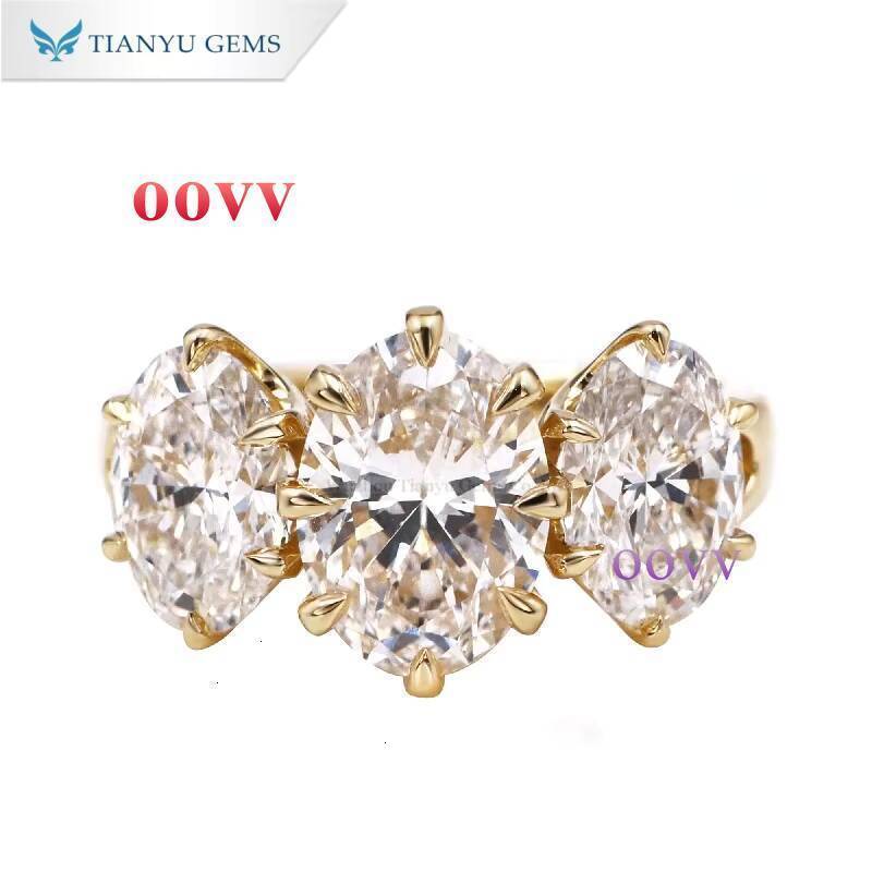 Tianyu Gems Yellow Gold Oval Cut Moissanite Three Stones Engagement Ring