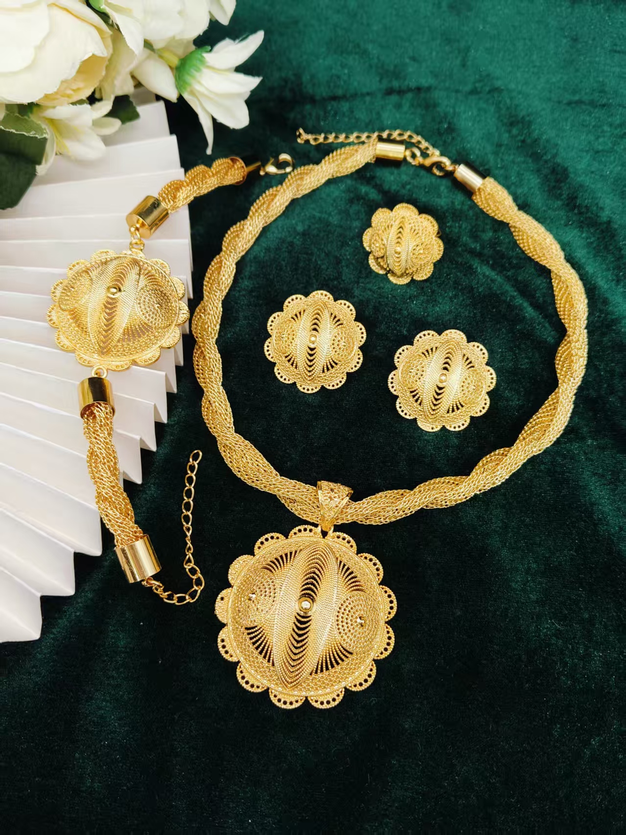 Ins Dubai African rope Jewelry Set for Women Party Gifts Wedding Accessories 24K Gold Color Necklace Ring Bangle Earrings Sets - view 3