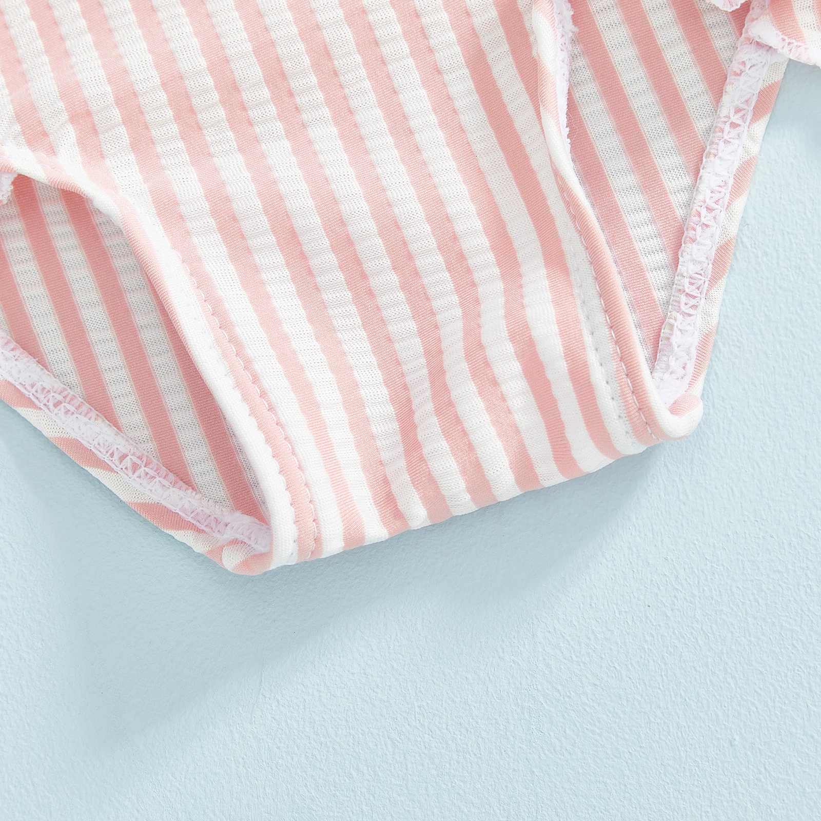 Toddler Girl Rash Guard Swimsuit Long Sleeve Ruffled Collar Striped Swimwear for Beach PoolT260522