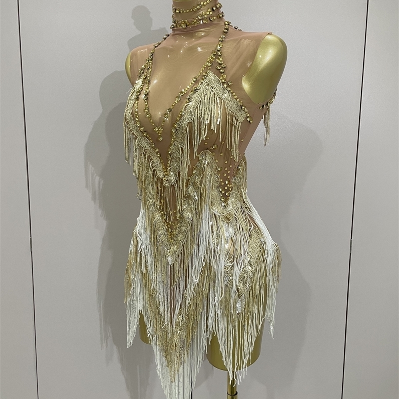 Stock 2025 Women Sexy Stretch Mesh Sparkly Rhinestone Tassels Mini Dress Nightclub Singer Dance Stage Costume Evening Gowns 260521 - view 3