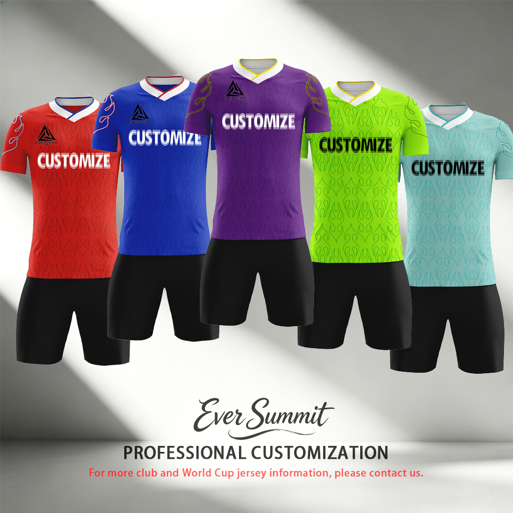 Custom Soccer Jersey Set Men Purple with Flame Print Football Uniform with Shorts Personalized Name Number Breathable Quick Dry Kit