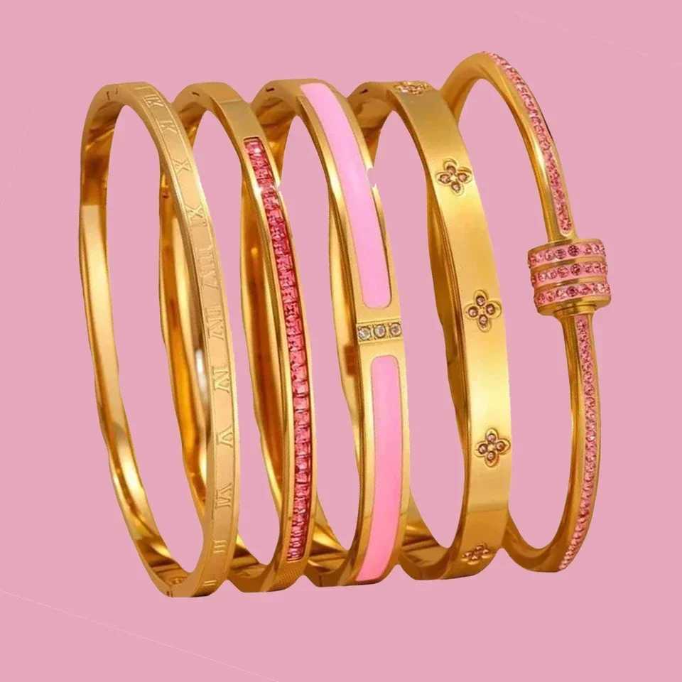 ZAKOL New Buling Pink Crystal Zirconia Stainless Steel Bracelet for Women Versatile Stackable Jewelry Waterproof Bangle Gift H260522