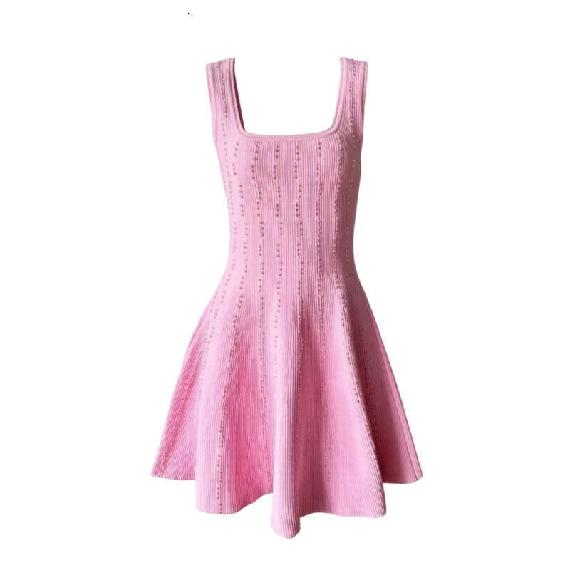 French Style Light Blue Ribbed Knit Tank Dress Women Square Neck Sleeveless A-Line Flared Skirt Short Casual Dresses for Daily Wear & Beach Square Nec