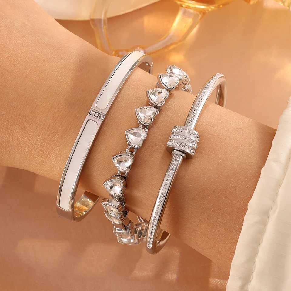 Yupsk 3/1pcs Fashion Trend Zircon Heart Tennis Chain Bracelet Bangles Set Stainless Steel Stackable Bracelet Jewelry for Women H260522