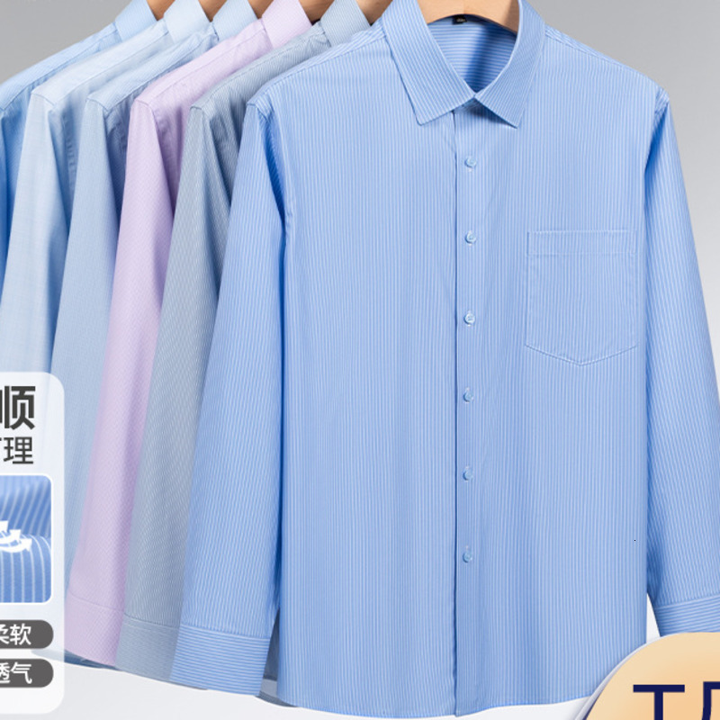 Mens Long Sleeved Shirt Business Four Season Solid Stripe Plaid Formal Social Shirts for Men Slim Fit Office Blue Man Clothing 240818