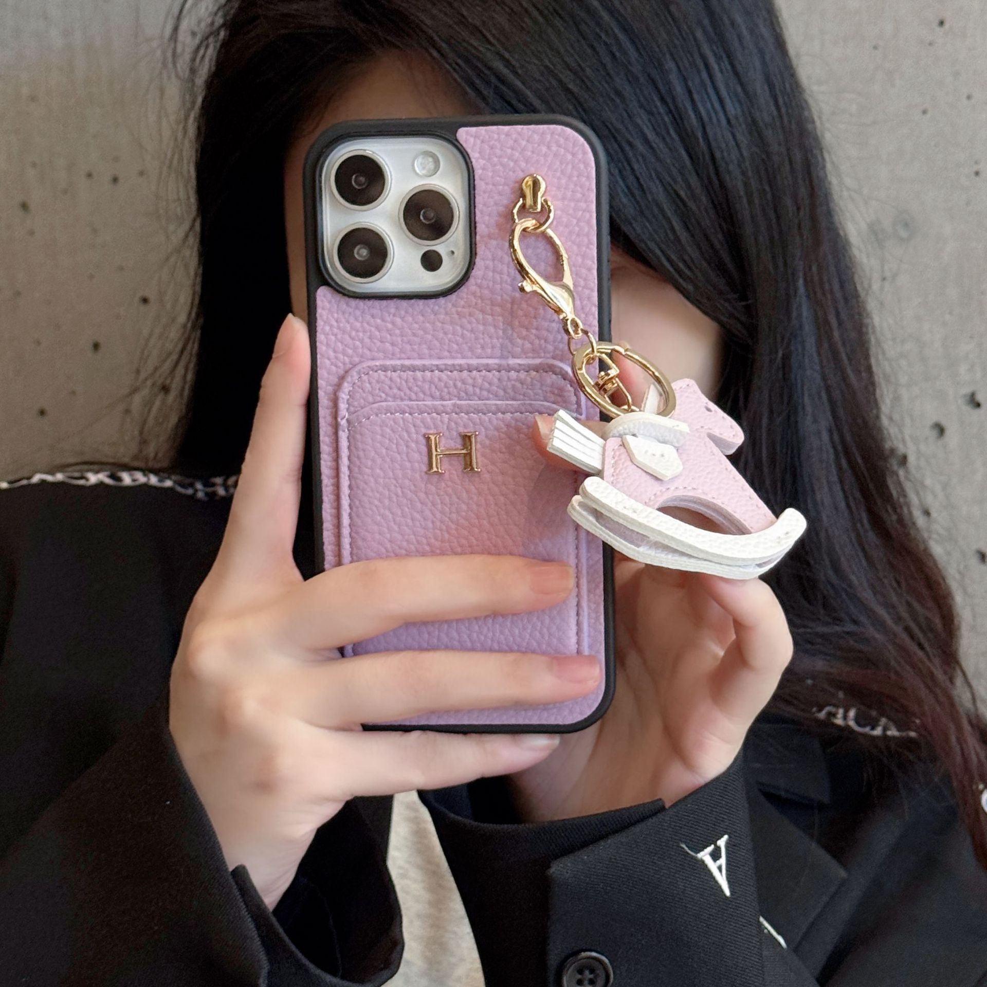 new card - inserting + rocking - horse iPhone 17 phone case with litchi - grain genuine leather feel