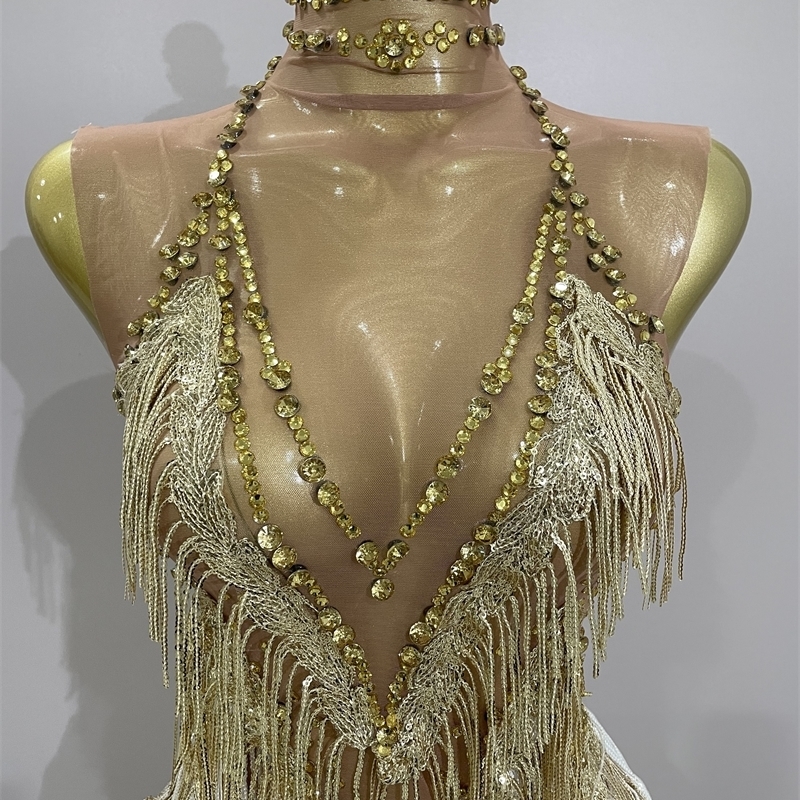 Stock 2025 Women Sexy Stretch Mesh Sparkly Rhinestone Tassels Mini Dress Nightclub Singer Dance Stage Costume Evening Gowns 260521 - view 6