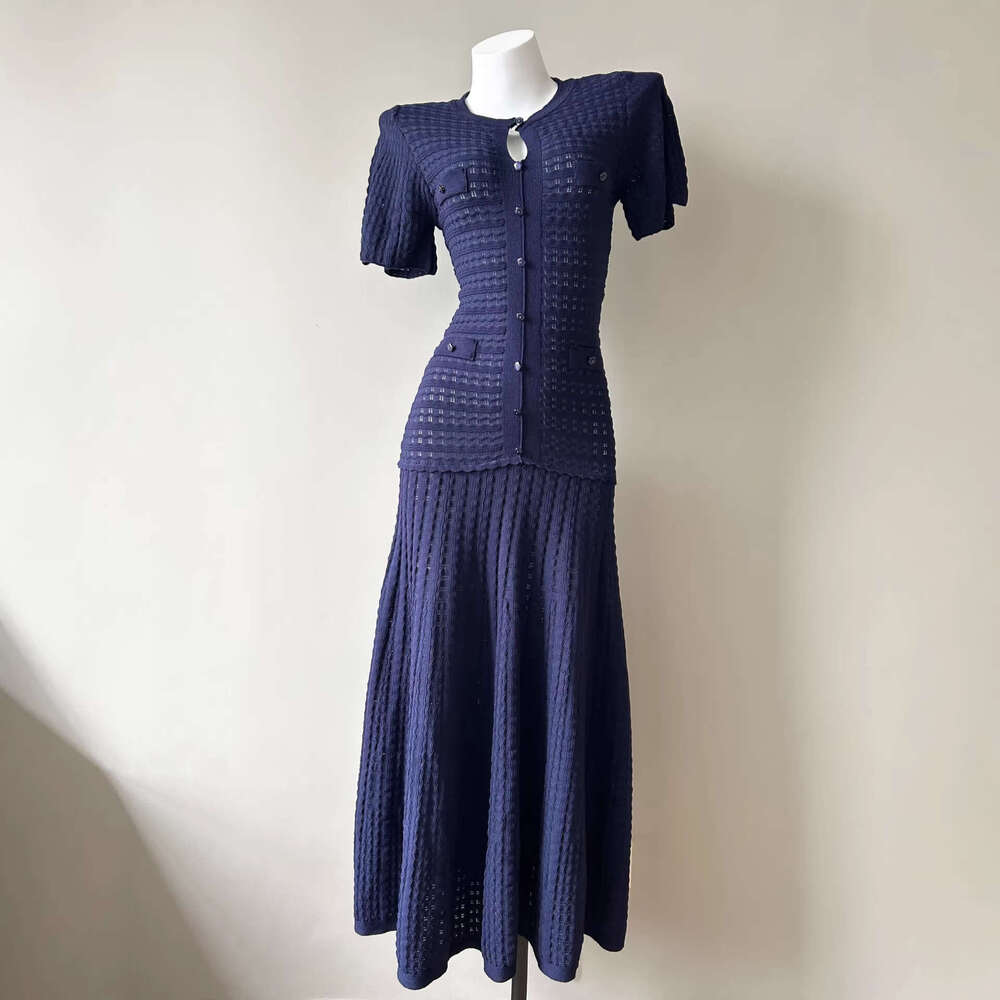 Retro Vibe Navy Crochet Knit Dress, Short Sleeve Button Front Fitted Dress, Sophisticated Feminine Style Square Neck Retro
